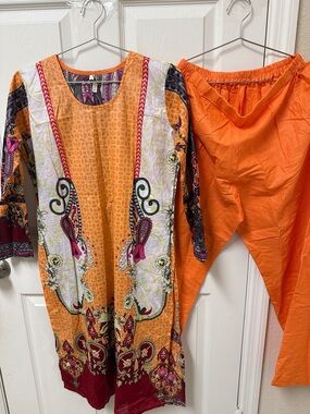 Vibrant Orange Printed Tunic with Solid Orange Pants